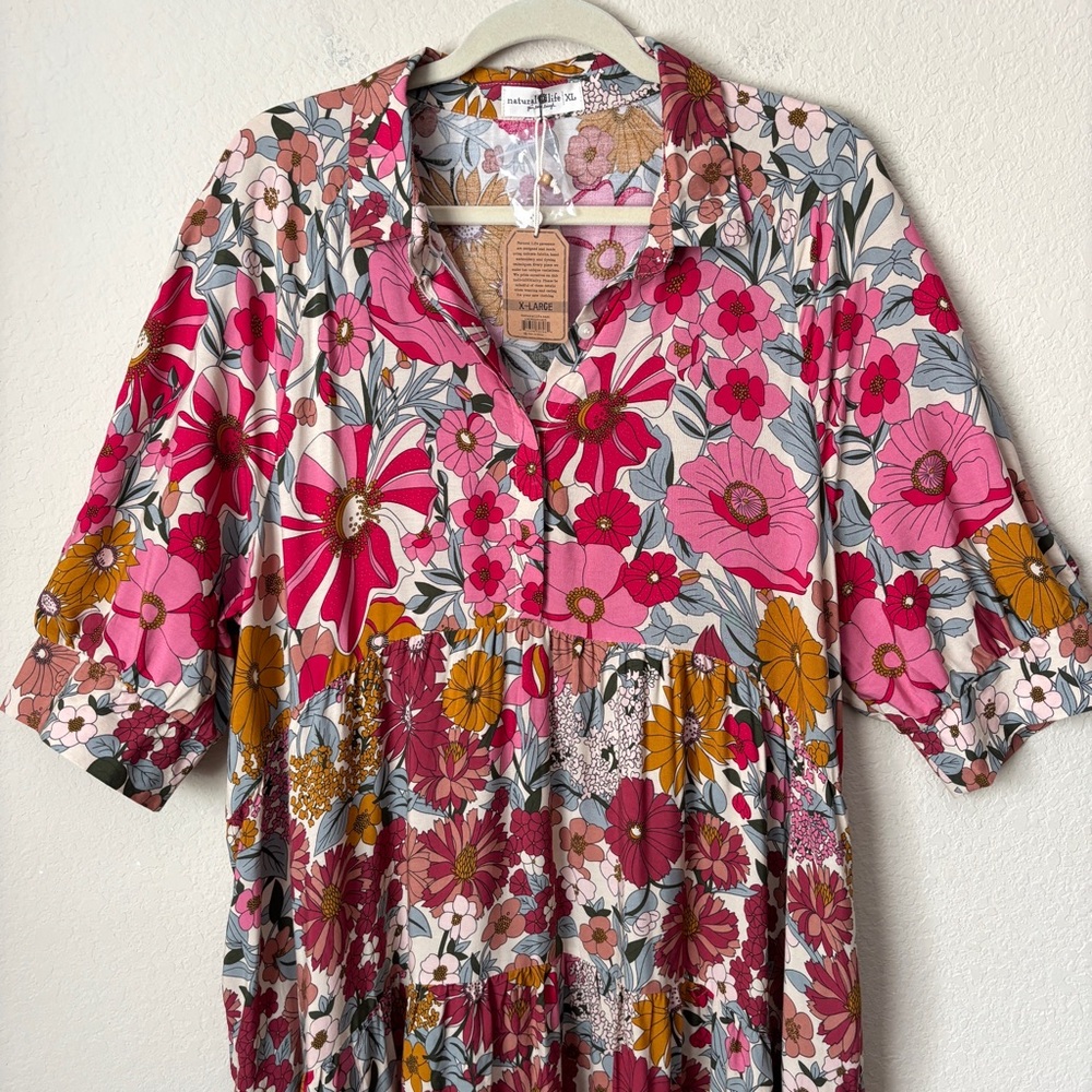 Natural Life XL Rebecca Boho Vintage Floral Tiered Midi Dress NEW - Picture 3 of 14